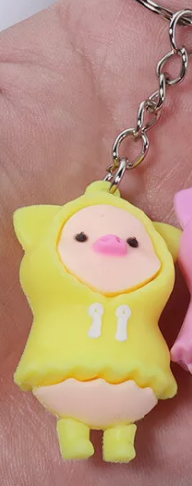 No name Piggy Pig in fluorescence Yellow Raincoat Figure Keychain 4cm 1.5inch fluorescent yellow and Skin Pink