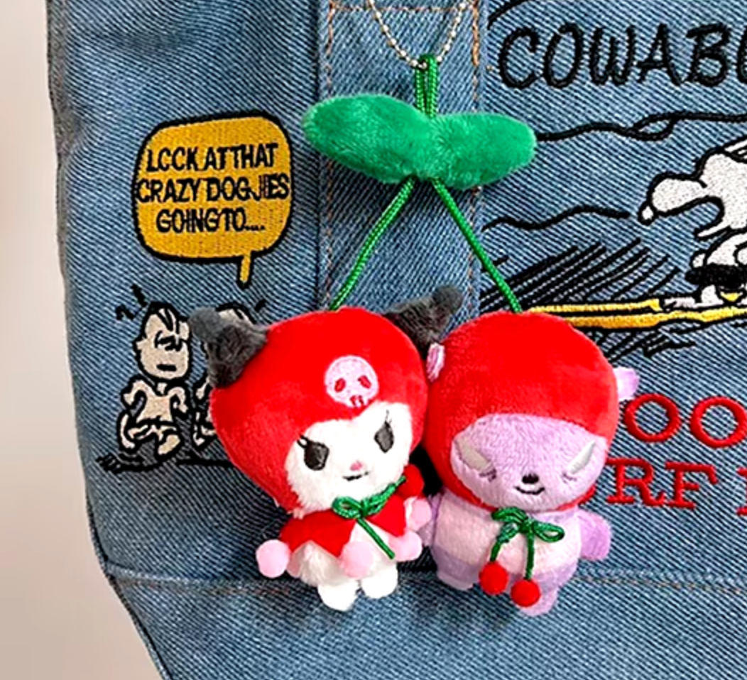 Sanrio Cherry Kuromi and Baku with Brooch pin metal fittings Plush Charm Keychain 12cm 5inch Red and Purple (Authentic, Original, Genuine, Licensed, official)