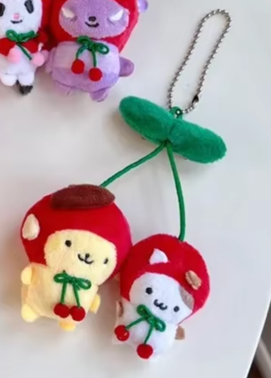 Sanrio Cherry Pomupomupurin and Muffin with Brooch pin metal fittings Plush Charm Keychain 12cm 5inch Red and Yellow(Authentic, Original, Genuine, Licensed, official)