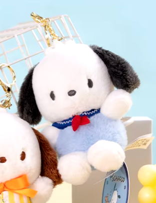 Sanrio Pochacco Original Costume Plush Charm Keychain 12cm 5inch White and Sky Blue(Authentic, Original, Genuine, Licensed, official)