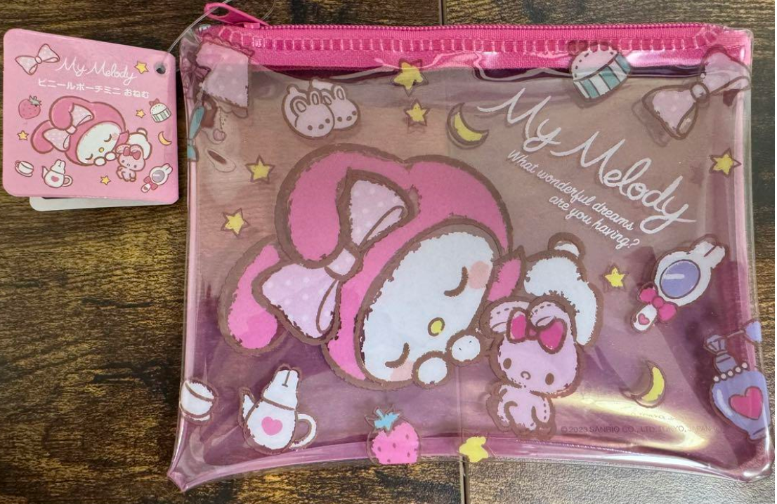 Sanrio Kuromi My Melody Flower Flat Purse Pouch 12cm 5inch Transparent, Purple, Pink (Authentic, Original, Genuine, Licensed, official)
