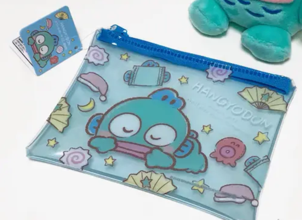 Sanrio Hanjyodon Sleeping Flat Purse Pouch 15cm 6inch Transparent Light blue (Authentic, Original, Genuine, Licensed, official)