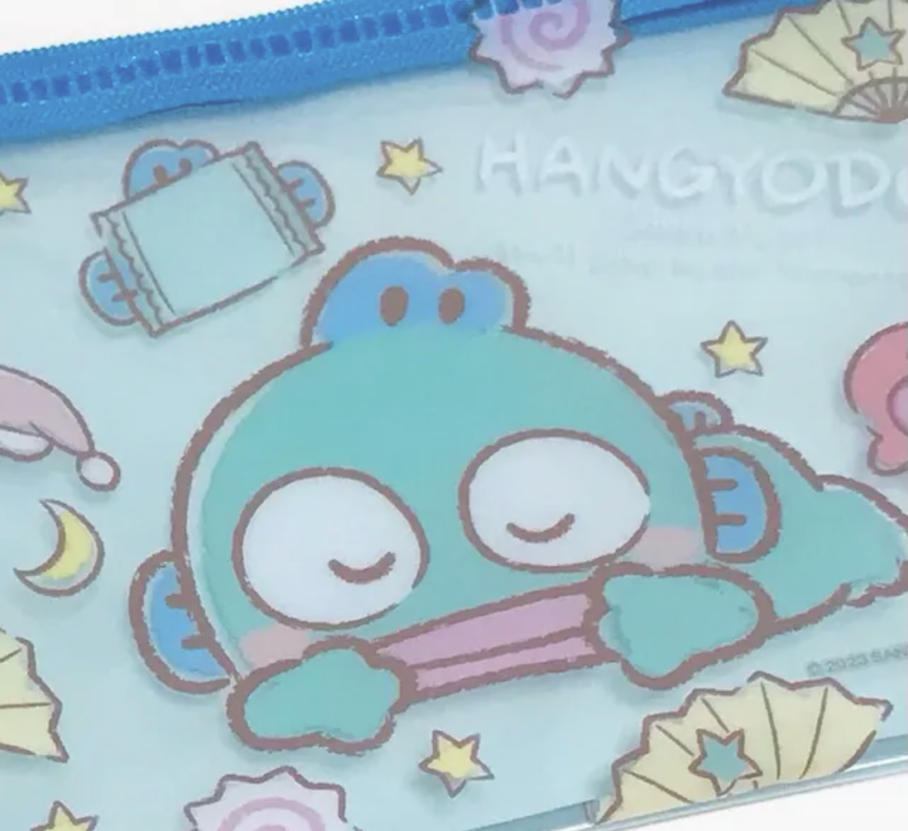Sanrio Hanjyodon Sleeping Flat Purse Pouch 15cm 6inch Transparent Light blue (Authentic, Original, Genuine, Licensed, official)