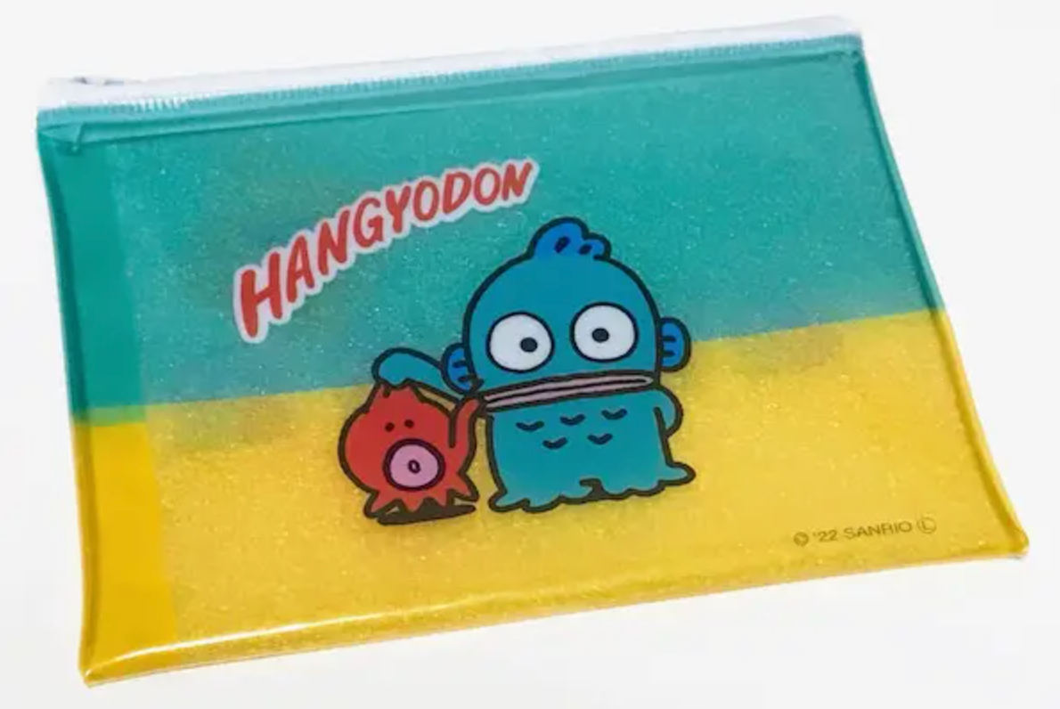 Sanrio Hangyodon Case Flat Purse Pouch 23cm 9inch Transparent, Emerald green and Yellow(Authentic, Original, Genuine, Licensed, official)