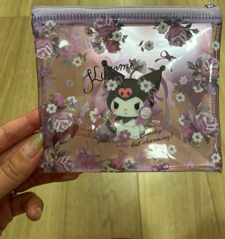 Sanrio Back Kuromi Front My Melody Flower Flat Purse Pouch 12cm 5inch Transparent, Purple, Pink (Authentic, Original, Genuine, Licensed, official)