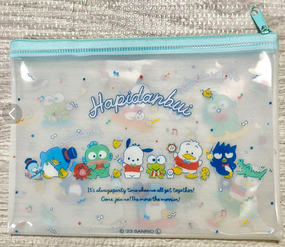 Sanrio Hapidanbui Case Flat Purse Pouch 23cm 9inch Transparent White Light blue (Authentic, Original, Genuine, Licensed, official)
