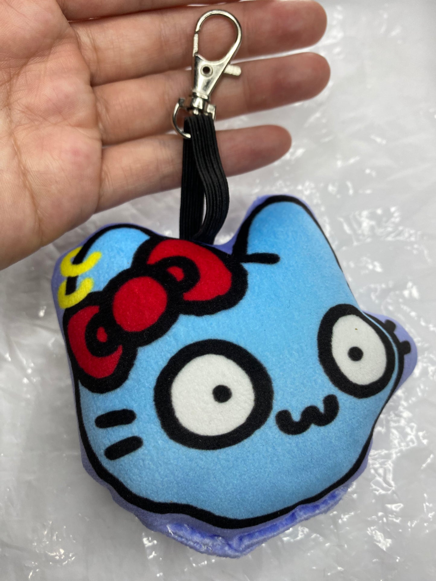 No name Artist NFT Cool Kitty stretch with rubber Clip Plush Charm Keychain 8cm 3.5inch Blue and Red (Authentic, Original, Genuine, Licensed, official)