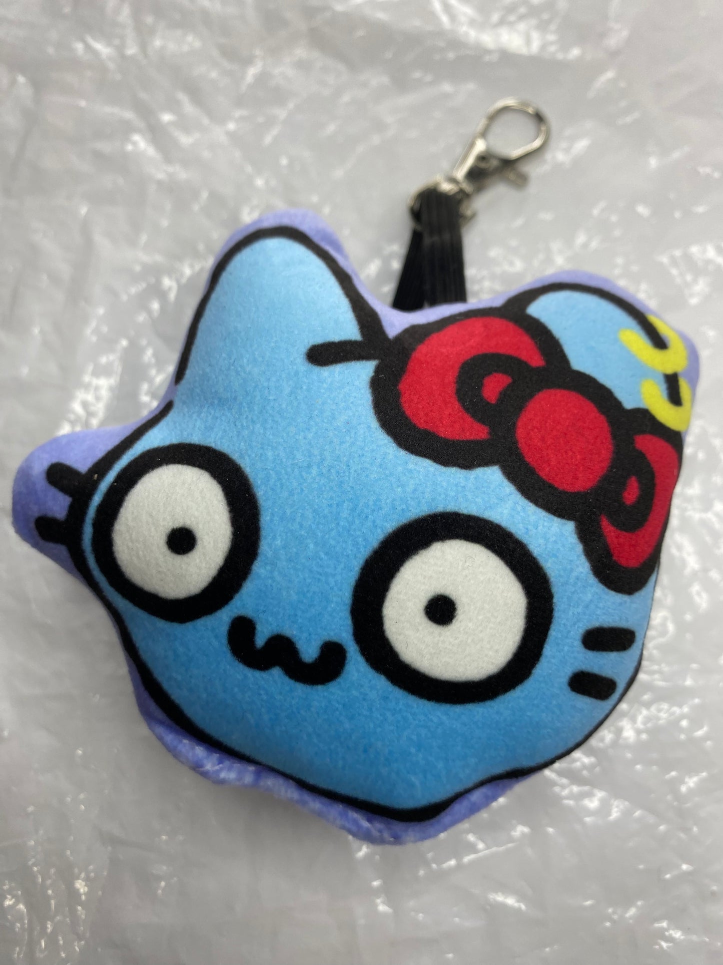 No name Artist NFT Cool Kitty stretch with rubber Clip Plush Charm Keychain 8cm 3.5inch Blue and Red (Authentic, Original, Genuine, Licensed, official)