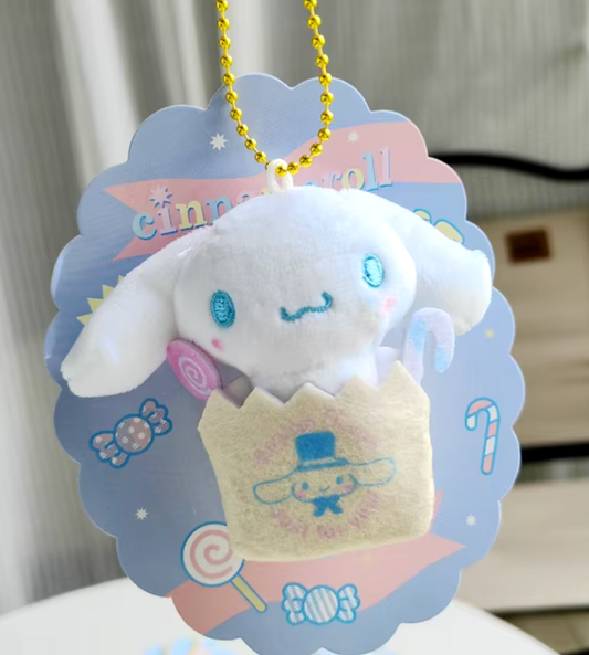 Sanrio Cinnamoroll in Candy bag with brooch metal fittings Plush Charm Keychain 10cm 4inch White and Sky Blue (Authentic, Original, Genuine, Licensed, official)