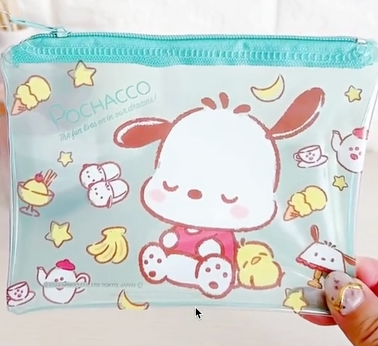 Sanrio Pochacco Sleeping Flat Purse Pouch 15cm 6inch Transparent Light Green (Authentic, Original, Genuine, Licensed, official)