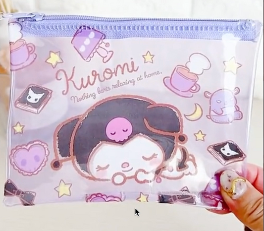 Sanrio Kuromi Sleeping Flat Purse Pouch 15cm 6inch Transparent Purple (Authentic, Original, Genuine, Licensed, official)