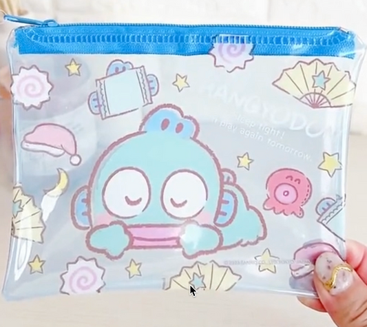 Sanrio Hanjyodon Sleeping Flat Purse Pouch 15cm 6inch Transparent Light blue (Authentic, Original, Genuine, Licensed, official)