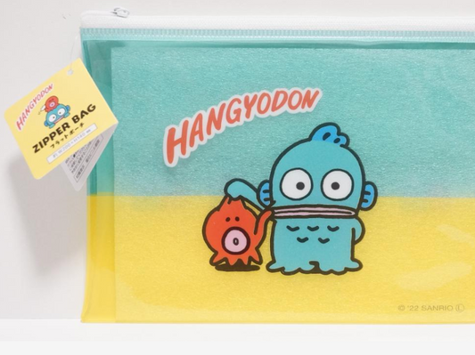 Sanrio Hangyodon Case Flat Purse Pouch 23cm 9inch Transparent, Emerald green and Yellow(Authentic, Original, Genuine, Licensed, official)