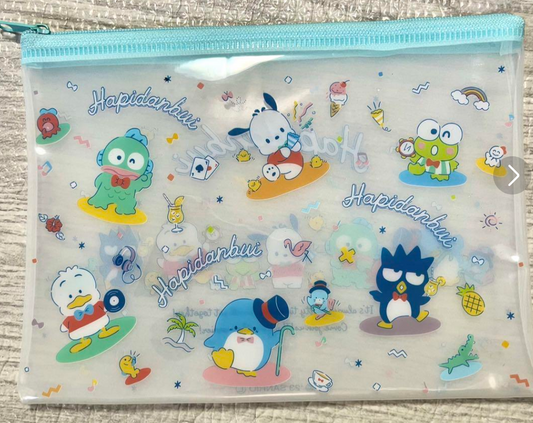 Sanrio Hapidanbui Case Flat Purse Pouch 23cm 9inch Transparent White Light blue (Authentic, Original, Genuine, Licensed, official)