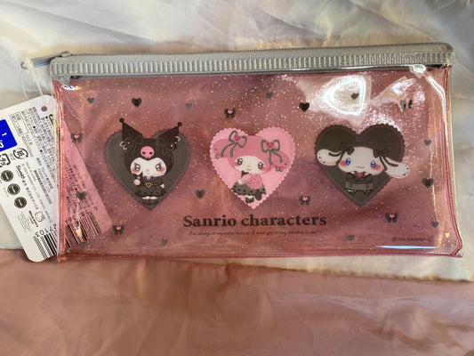 Sanrio Kuromi My Melody and Cinnamoroll Clear Pouch Purse 20cm 8inch Gray Pink (Authentic, Original, Genuine, Licensed, official) Vinyl Metal